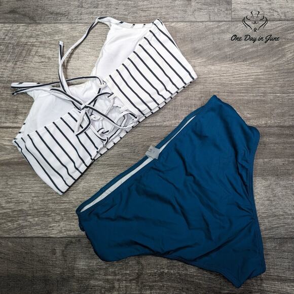 Joau Striped Lace Up Back Bikini Swimsuit Size L - Picture 3 of 3